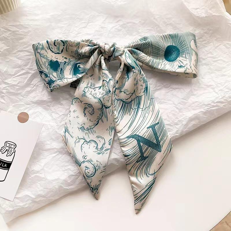 Small White And Tender Green Silk Scarf For Women, Thin Streamer, Headband, Hair Tie, Bag Decoration Long