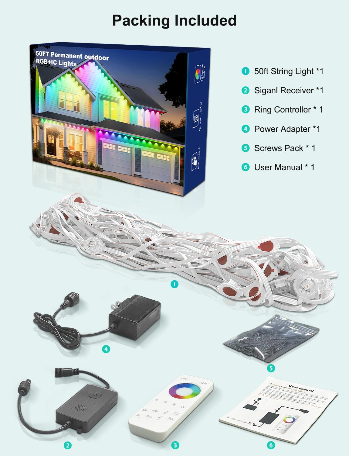 

RGBIC Eaves LED Lights 30M Permanent Outdoor Lights String Bluetooth Light Scene Modes Full House Party Wedding Christmas Light EU plug&15M 25leds