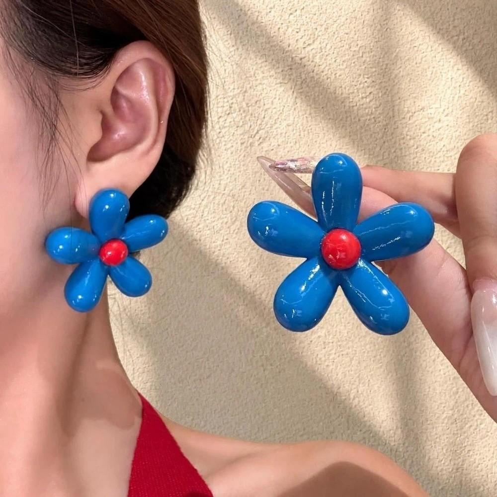 Oversized Resin Flower Earrings Glossy Asymmetry Earrings Trendy Flower Stud Earrings  Women Girls