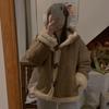 Korea Chic Winter Retro Loose Coat Women Y2k Horn Buckle Fur Brown Lamb Wool Jackets 2000s Long Sleeve Hooded Outerwear Clothes