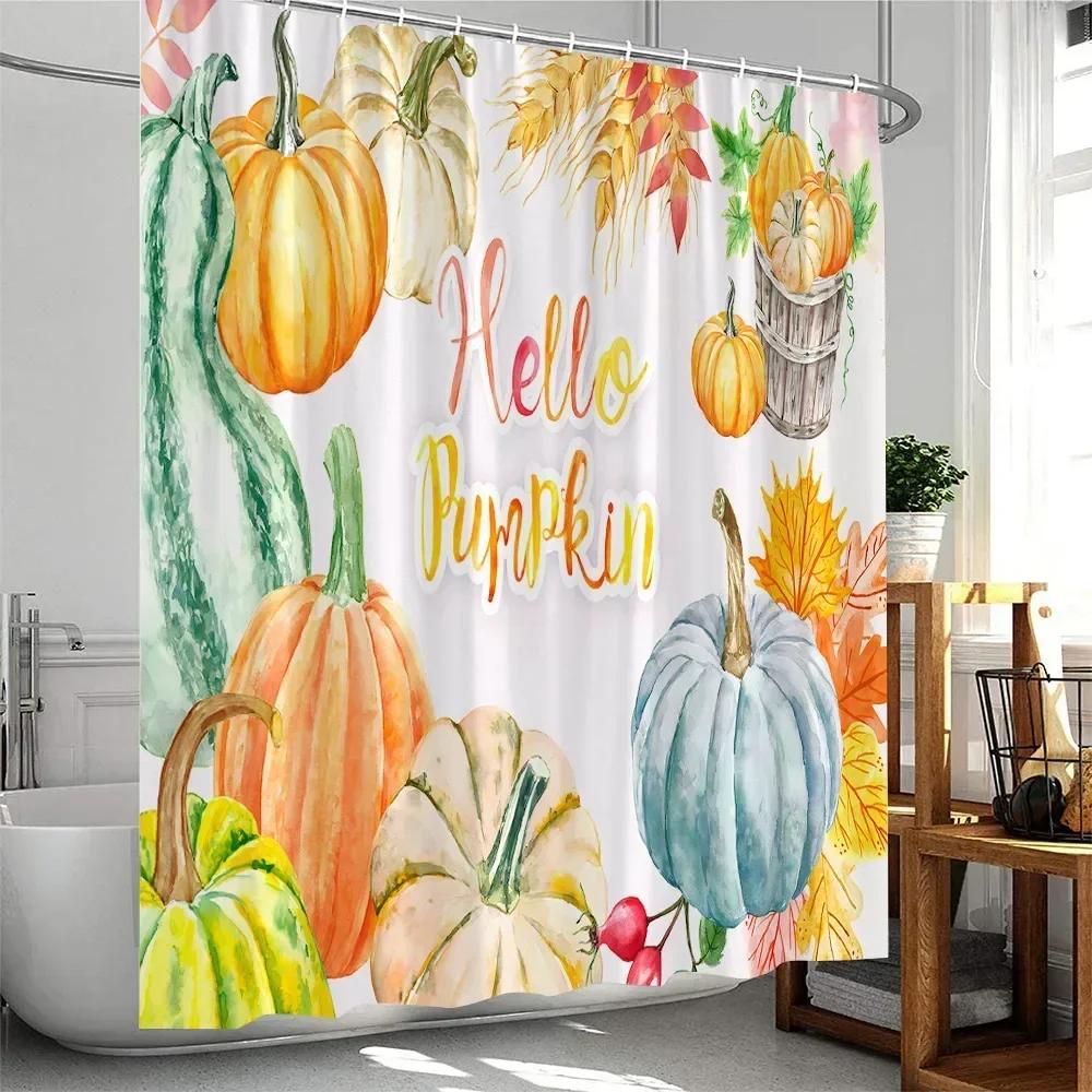 Fall Shower Curtain Thanksgiving Festival Home Decor For Bathroom Pumpkin Maple Leaf Autumn Harvest Season Bath Curtain Cloth