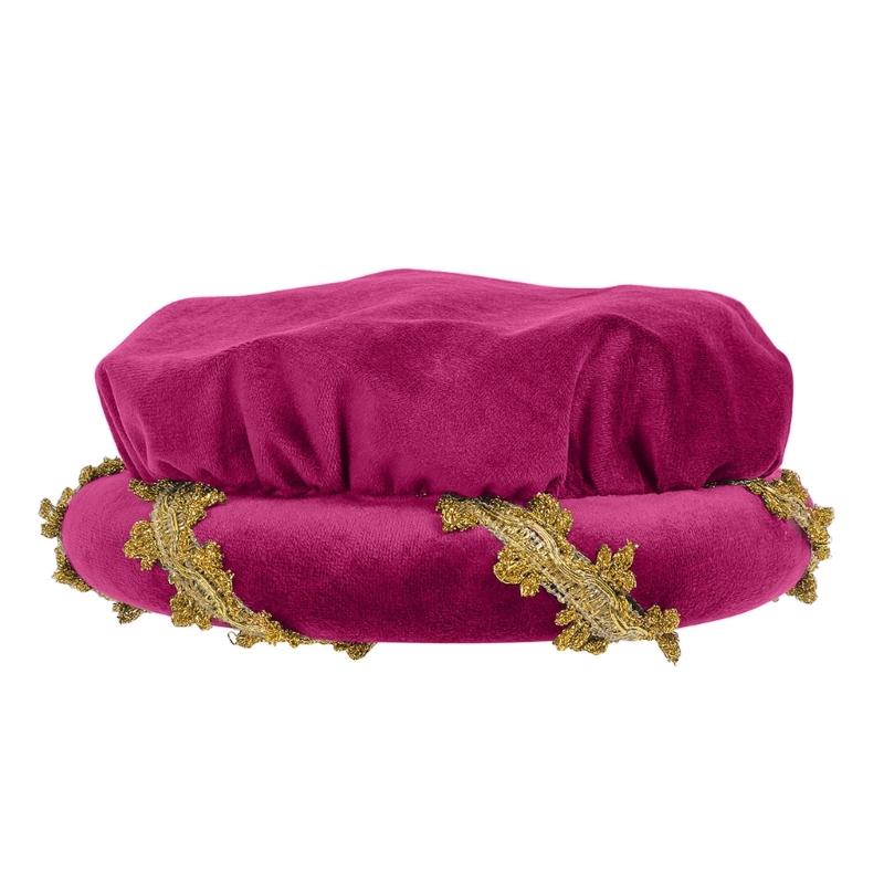 Cappello a cuffia imbottito in velluto rinascimentale con delicato bordo dorato per costumi medievali e rappresentazioni teatrali