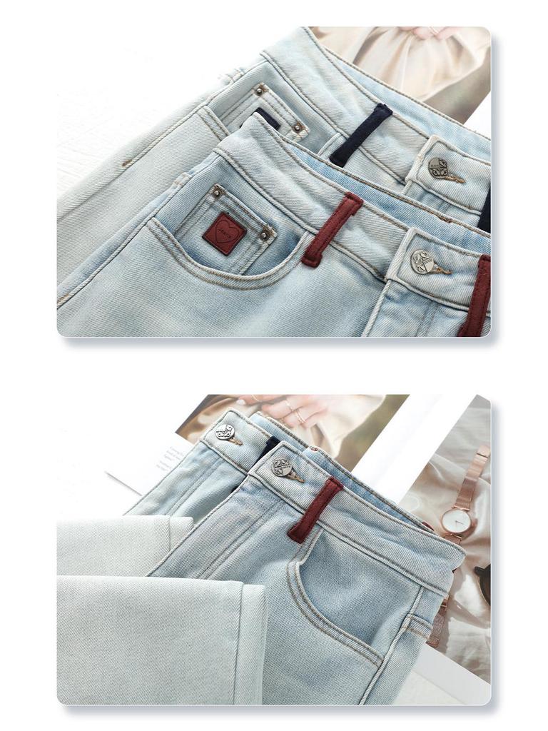 Women's Light Blue Fleece-Lined Jeans, Autumn/Winter 2024, Convertible Narrow/Wide-Leg, Retro Loose, High-Waisted, Straight-Leg Pants