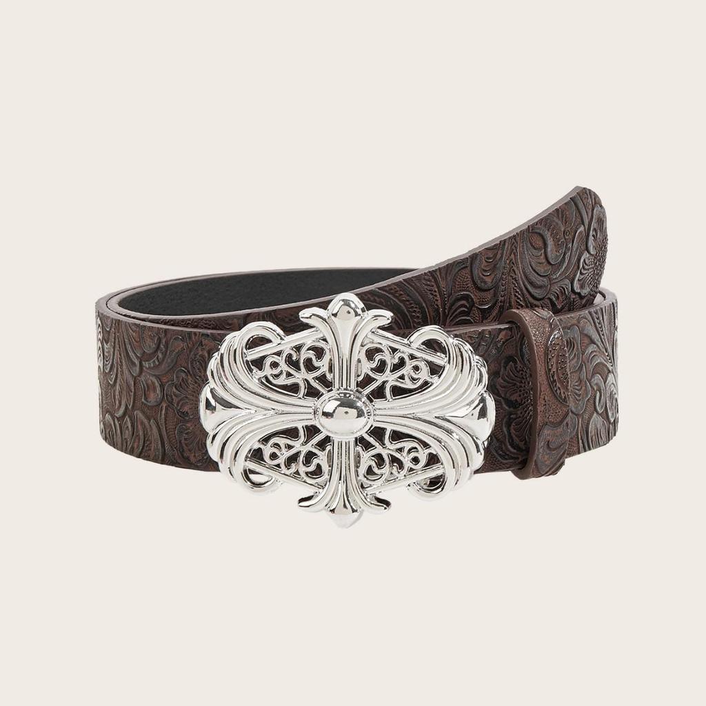 Bohemian Embossed Floral Men's Leather Belt with Cross Alloy Hollow-Out Design