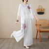 Sommer Damen Weiß Bestickt Loungewear 2-teiliges Leinenmischungs-Set