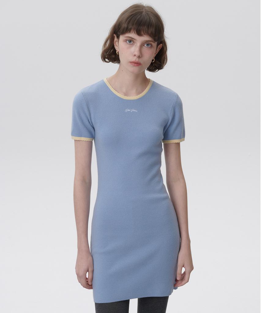 Plack Woman Ribbed Knit Mini Dress Light Blue
