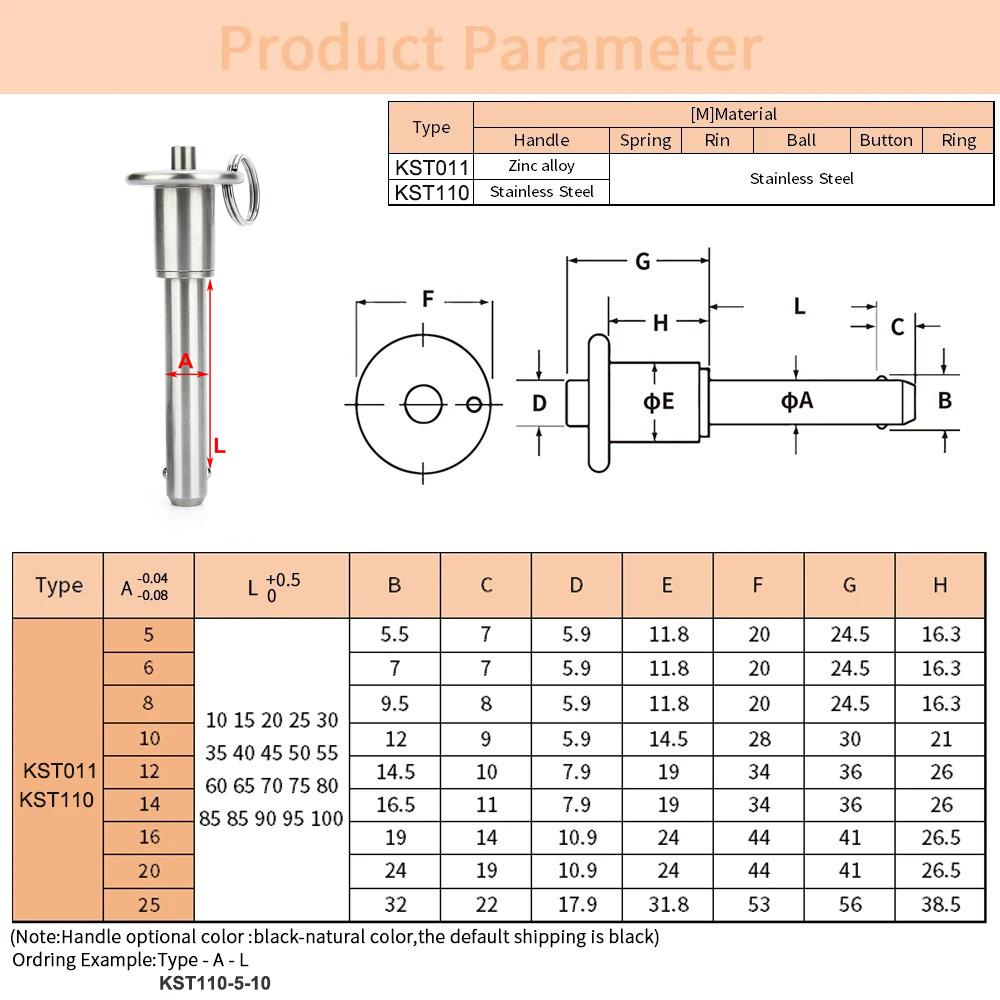 

Диаметр 5мм-20мм Длина 10-100мм Шариковый стопорный штифт KST110 Штифт быстрого освобождения Стопорный штифт с кольцом Нержавеющая сталь Диаметр A8-L10mm
