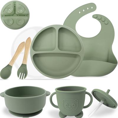 Juego de Vajilla de Silicona para Niños Bol de Dos Asas Plato de Cena de Silicona Integrado Babero para Comida de Bebé Alimento Complementario Materno e Infantil Ventosa