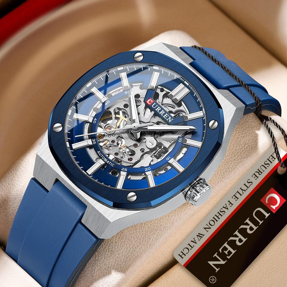CURREN Men Automatic Mechanical Original Waterproof Silicone Strap Luminous Business Fashion Clock