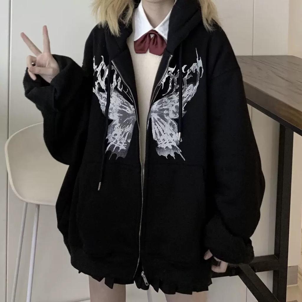 Hooded sweater in stock, zipper sweater autumn and winter European and American butterfly sweater gothic sports hooded jacket