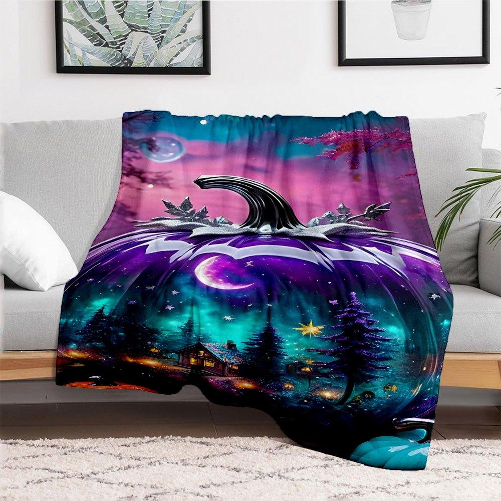 "Enchanted Pumpkin Night Scene Wall Art Print"Blanket Flannel Throw Blanket for Sofa, Bed, Travel, Camping, Office