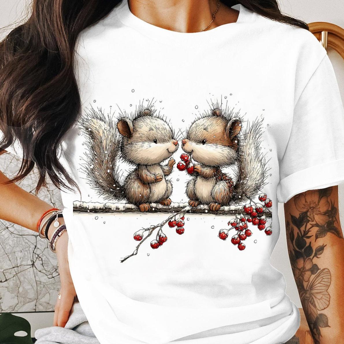 Fashion TShirt Cartoon Cute Squirrel Red Berry Pattern Printed 90s Womens White Top Round Neck Style Printed Womens TShirt S