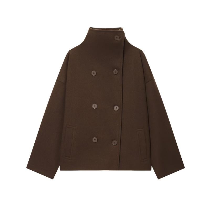 Womens Oversized Wool-Blend Double-Breasted Turtleneck Coat Streetwear Outerwear