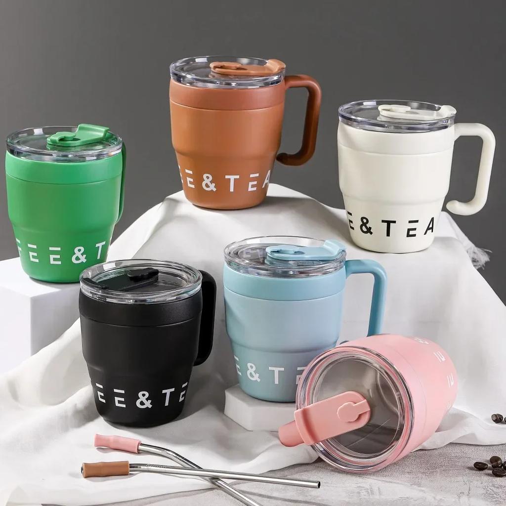 480ml Coffee Cup with Straw Lid Stainless Steel Thermos Mug for Hot Cold Drinks Water Tea Milk Office Outdoor Portable Bottle
