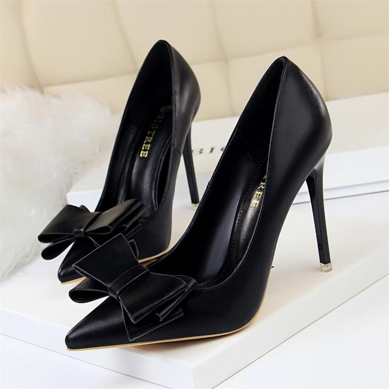 Fashion Sweet Women High Heel Shoes Blue Yellow Shallow Mouth Pointed Toe Butterfly Knot Leather Wedding Party Event Pumps
