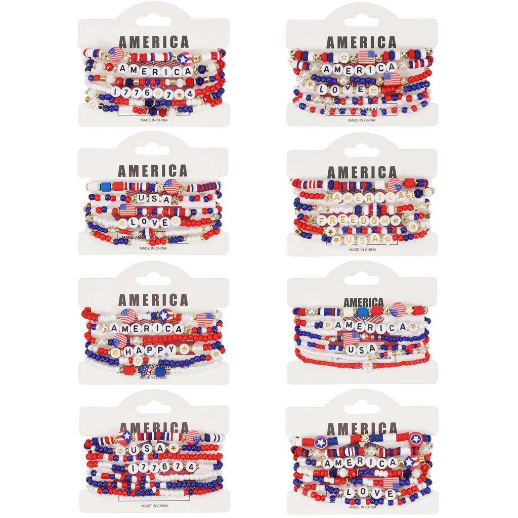 Pack of 6 Fashionable Patriotic Beaded Bracelets Elastic July 4th Jewelry Americans Flag Star Charm Party Accessories