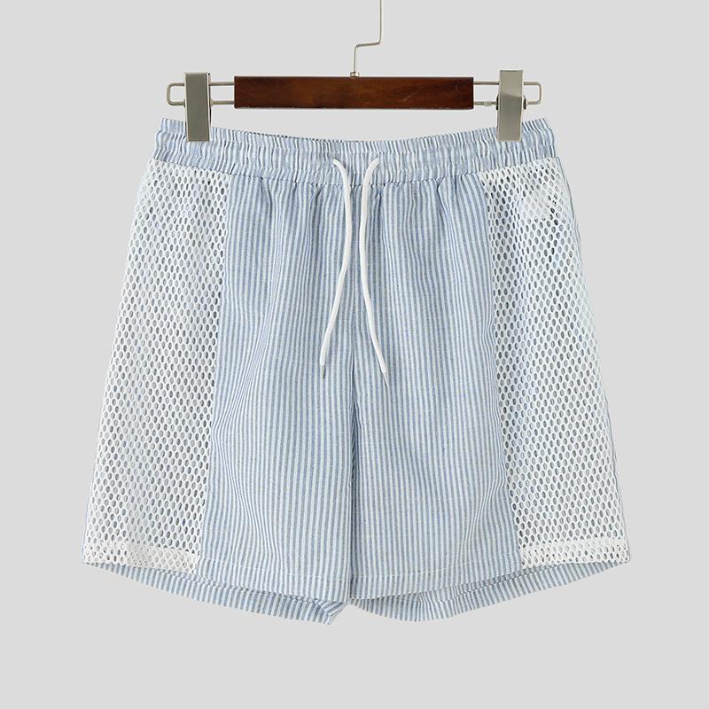 INCERUN Men Drawstring Elastic Waist Striped Hollow Beach Sports Shorts Pants