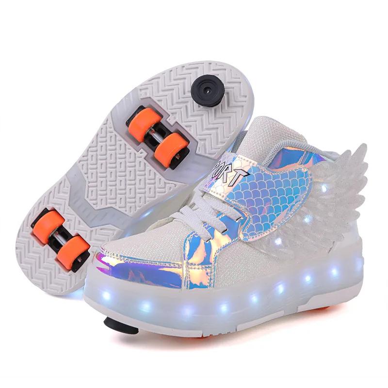 Kid Sneakers Luminous Removeable 4 Wheels Roller Skates USB Charge Wing Panda Sport Casual Skateboard Shoes Girls Boys Skates