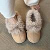 New Retro Bow Warm Flats for Women Round Toe Faux Fur Slip-On Casual Cotton Shoes Autumn Winter Solid Female Padded Single Shoes