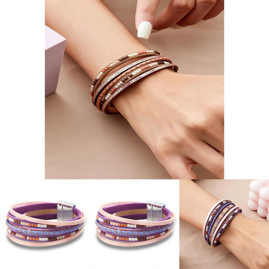 Bohemian Woven Leather Wristband With Alloy Accents For Casual Accessory