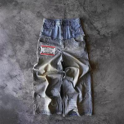 ZYLLO Street Hip Hop Letter-print Jeans Men Y2k Goth Punk Harajuku Ripped Wide Leg Pants Retro Loose Straight Leg Double Waisted Pants