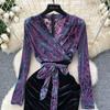 Vintage V-neck Elegant Long Sleeves Chic Flocking Print Spliced Velvet Slim Bandage Dresses Evening High Street Winter Clothing