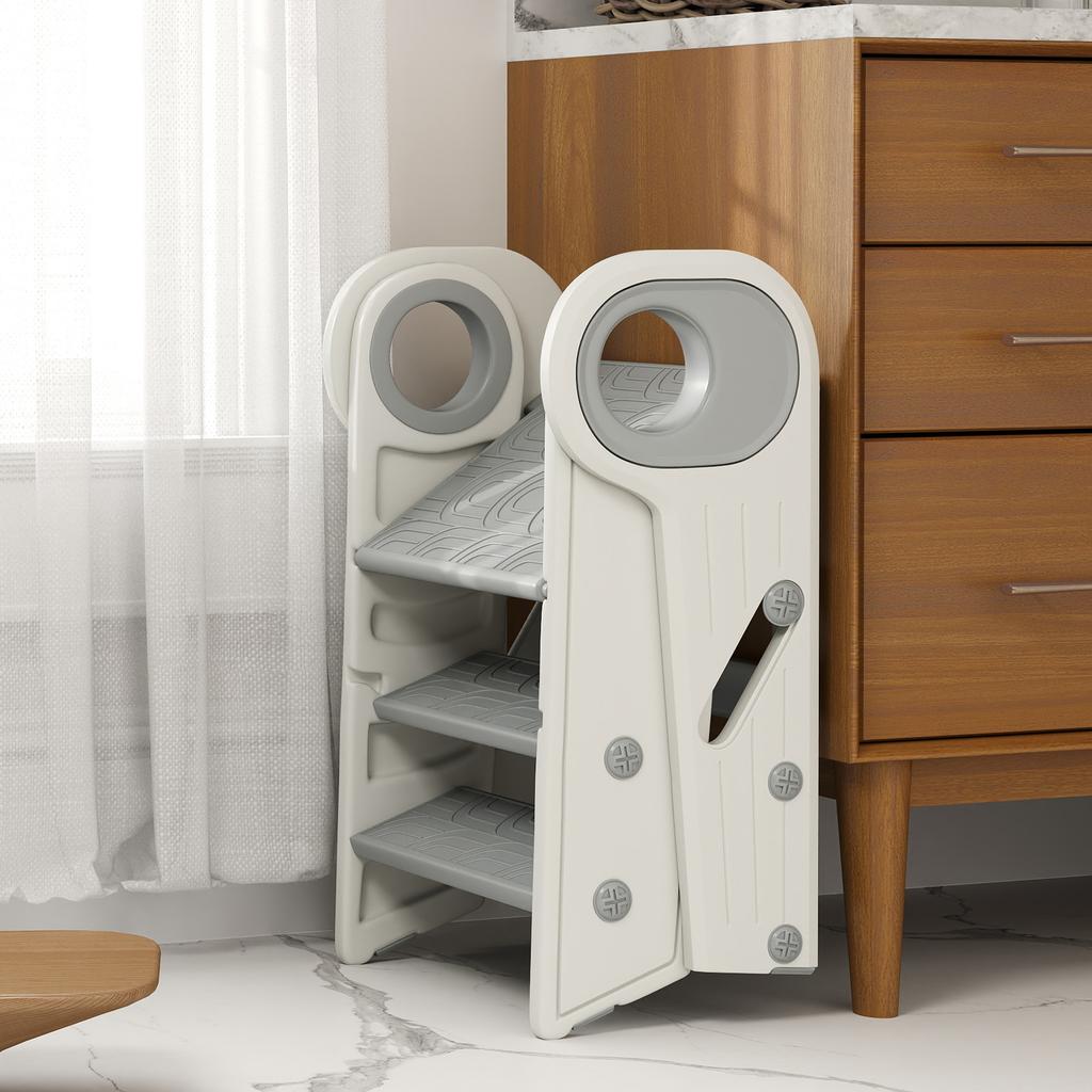 Adjustable Learning Tower Ladder for Children 18+ Months Non-Slip for Bathroom Kitchen Bookshelf Gray and White