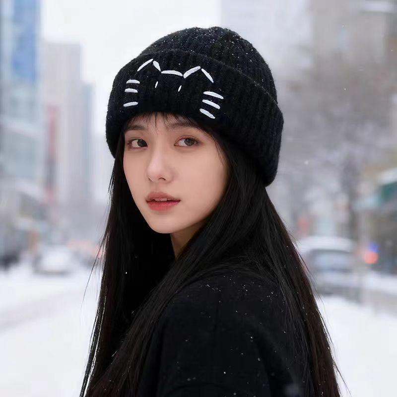 Winter hat women's new six-bearded cat solid color versatile knitted hat autumn and winter atmosphere artifact warm wool hat