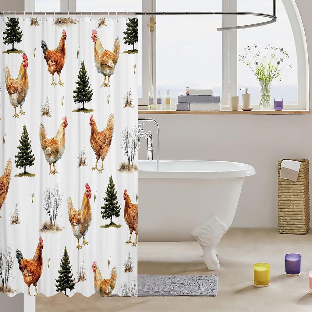 Erosebridal Cartoon Rooster Bathroom Shower Curtain Sets,Rustic Wildlife Farmhouse Animal Shower Curtain,Vintage Pet Chicken Sho