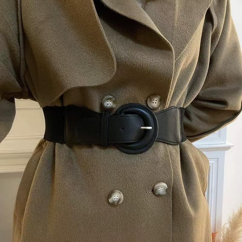 Women's Decorative Belt with a Wool Overcoat, Practical Korean-style Black Elastic Waist Cincher, Vintage Sweater, and Leather