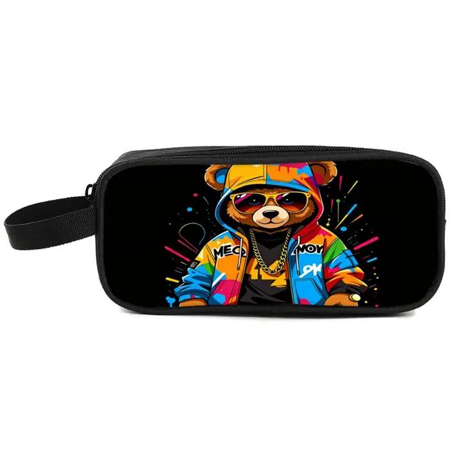 Bear Print Double Layered Pencil Case with Handheld for Boys & Girls Best Gift 3D Cartoon School Pencil Bag