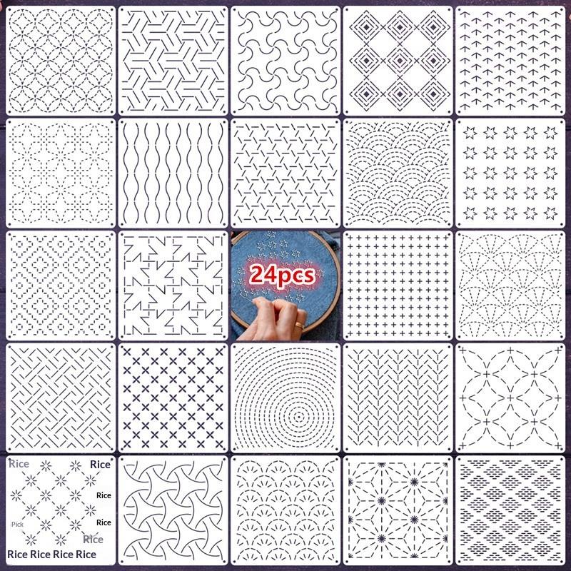 8/9/24/32Pcs Sashiko Embroidery Templates Reusable Pet Sewing Stencils Diy Embroidery Patterns Geometric Line Quilting Template