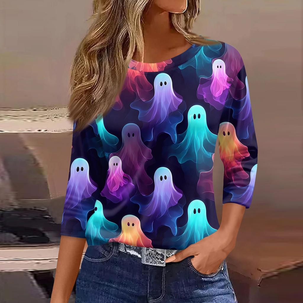 Women's Halloween Print 3/4 Sleeve Loose Fit Casual T-Shirt Round Neck Comfortable Top for Everyday Wear