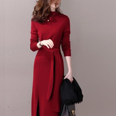 Φόρεμα Πλεκτό με Μισό Κολάρο Γυναικείο Μακρύ Λουράκι Σκίσιμο Κόκκινο Βασικό Φόρεμα