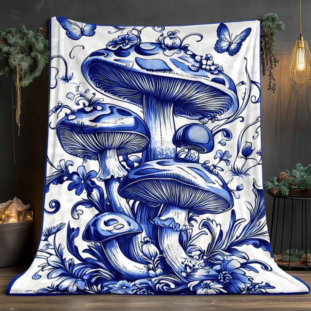 Blue and White Mushroom Alchemy Art Flannel Blanket Chinese Style Porcelain Pattern Soft Cozy Throw Cover Home Decor Fantasy