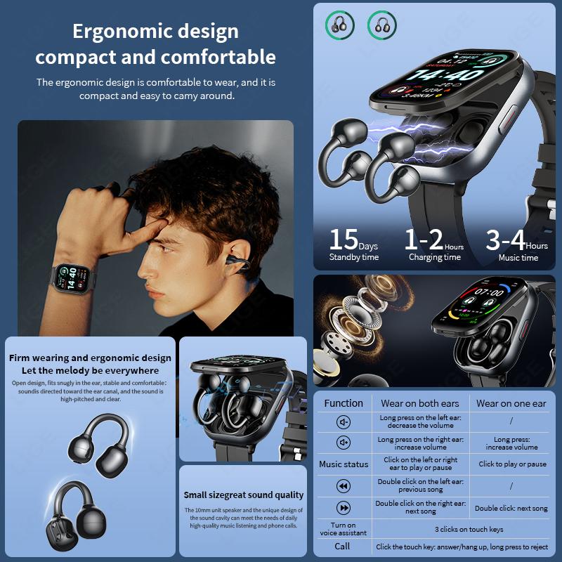 TWS 2-In-1 Clip-on Earbuds Smart Watch Bluetooth Earphones 2.01" Make Answer Call For Men Women Sports Smartwatch  New