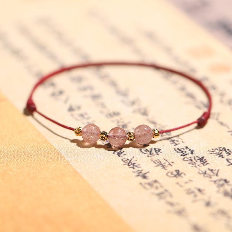 Pink crystal red string bracelet for women, niche design, strawberry crystal good luck bracelet and anklet