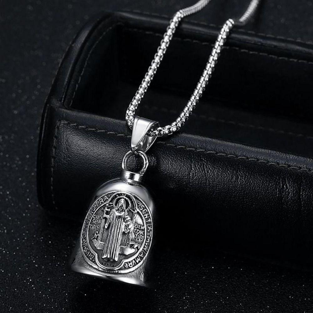 Saint Benedict Motorcycle Guardian Bell Retro Biker Good Luck Charm Religious Cross Key Chain