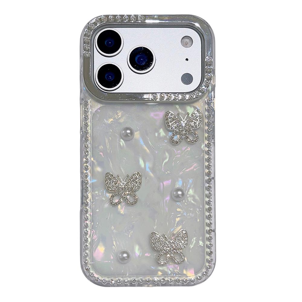 

For iPhone 17 Pro Max Case Shell Texture Butterfly Pearl Rhinestone Decor PC + TPU Phone Cover