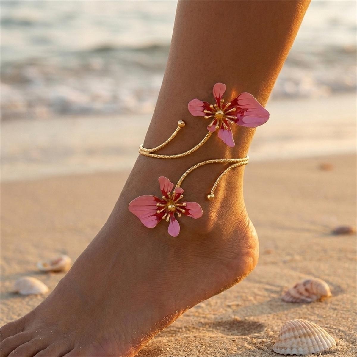 

Trendy Boho Colorful Enamel Butterfly Flower Opening Anklet For Women Men Retro Metal Floral Ankle Bracelet Foot Bangle Jewelry