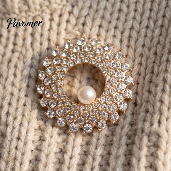 Luxury Jewelry Accessories Hollow Rhinestone Ring Brooch Pin, Bling Circle Lapel Pin Decorative with Faux Pearl, Men Women Clothing