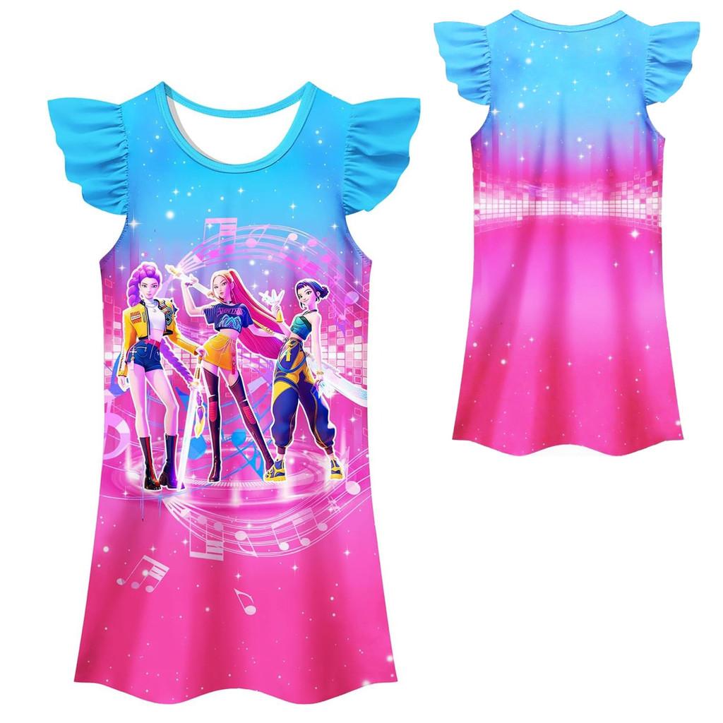 Kpop Demon Hunters Pattern Girl Sleep Dress With Cartoon Pattern For Kids Summer Wear