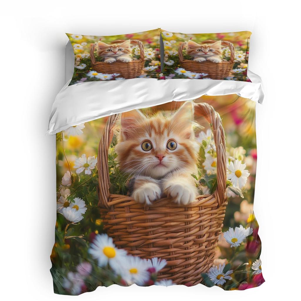 Cat and Flowers Duvet Cover Queen King Size Lightweight Quilt Cover with 2 Pillowcases Spring Animal Themed Bedding Set No Quilt