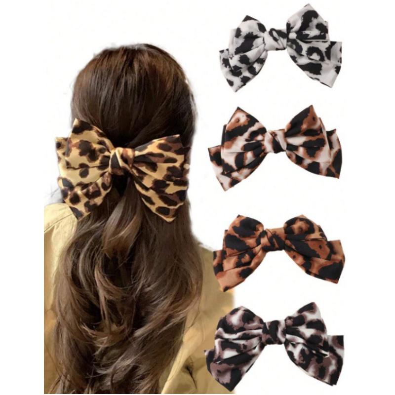 4PCS Elegant Leopard Print Bow Spring Clip Headband Cross-border  Ponytail Clip Fashionable Hair Accessory