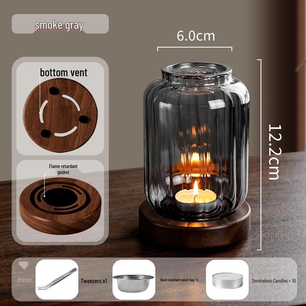 Solid Wood Glass Atmosphere Lamp & Candle Holder with High Transparency Incense Burner for Wax