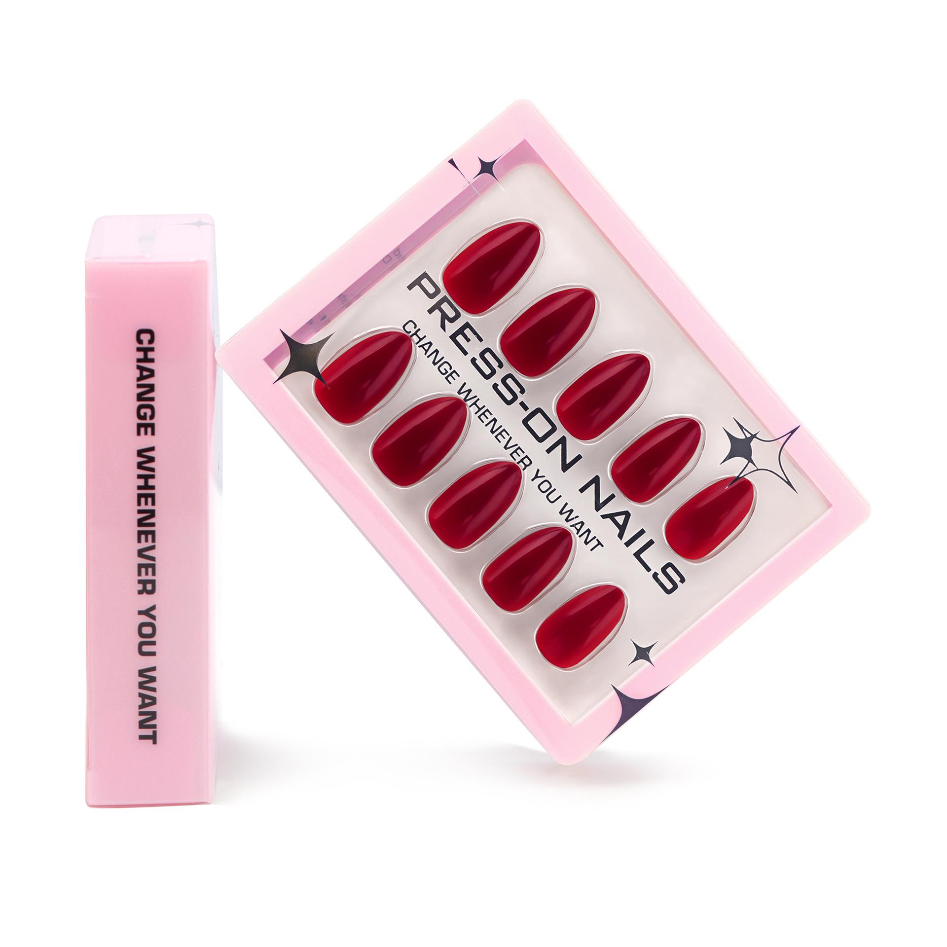 Bordeaux Red Short Almond Reusable Gel Nails - High-End European & American Style Includes Full Set