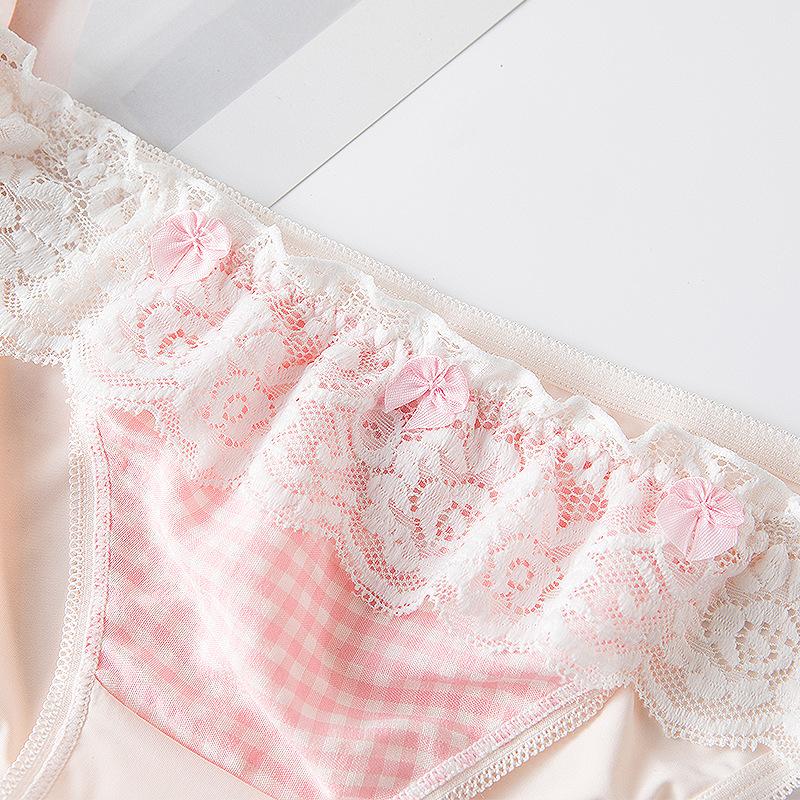 Checkered Lace Up Panties Lace Low Waist Triangle Women's Panties