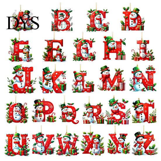 Lightweight Acrylic Alphabet Decorations 26Pcs Christmas Ornament Set, 2D A-Z Letters with Customized Tree Baubles Santa Hat Snowman Design,
