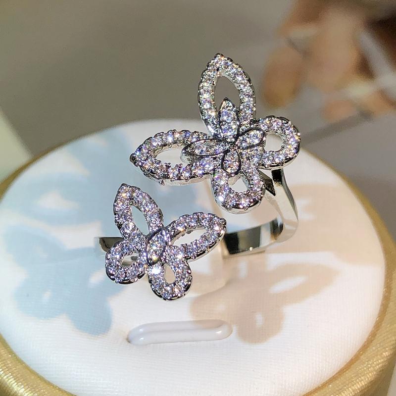 925 Sterling Silber Exquisiter Pavé Zirkon Ring Damenschmuck Schmetterling Offener Ring Party Cocktail Geschenk Für Freundin Großhandel