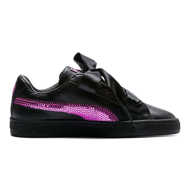 Puma Basket Series Heart Bling Retro Casual Durable Lightweight Low-Top Kids Sneakers Kids Sneakers Black Purple 366847-01